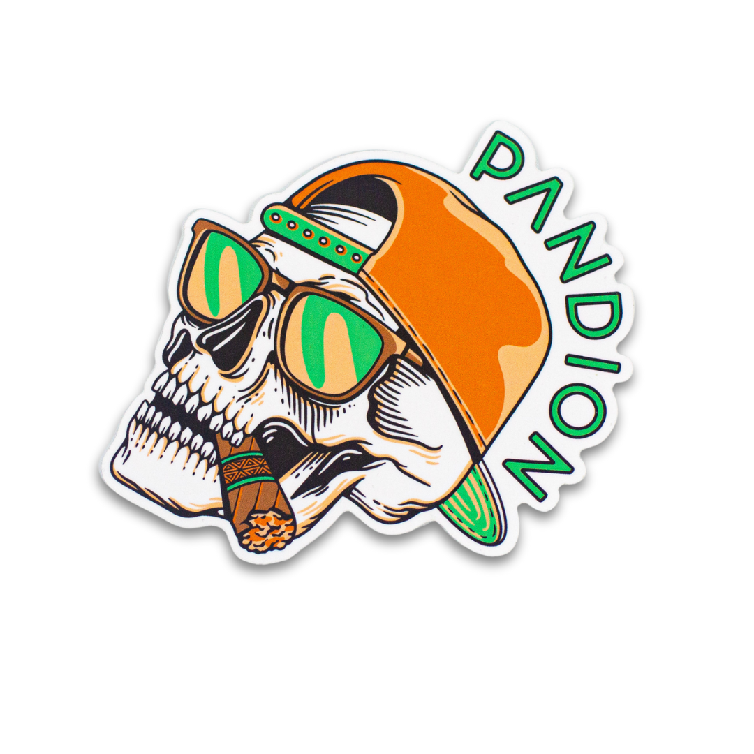 pandion skull sticker with orange backwards hat and cigar