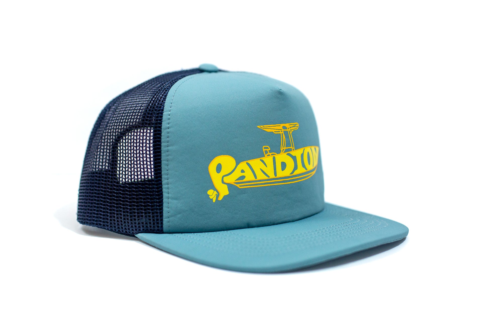 side view of teal pandion hat with back meshing