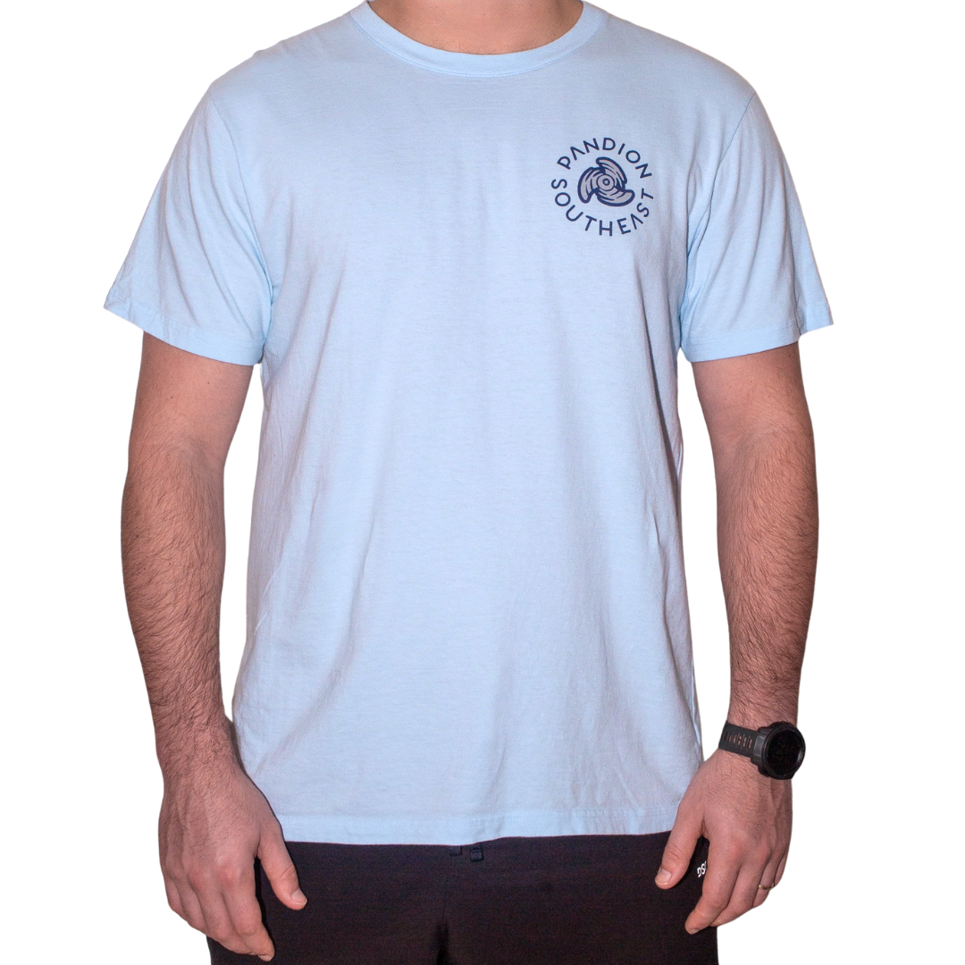 front of the outboard light blue tee shirt